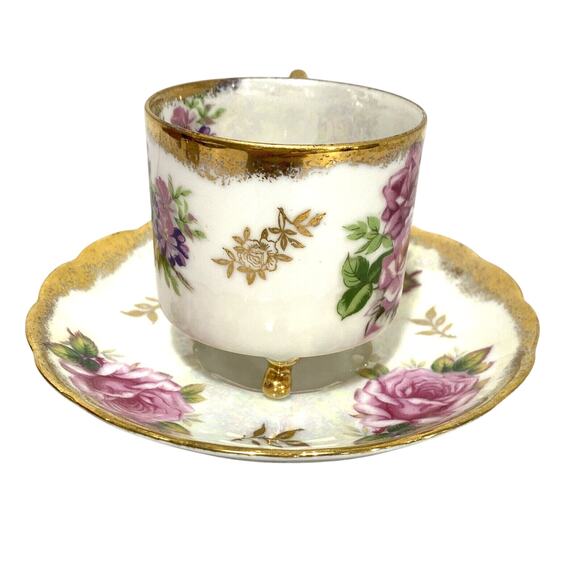 LM Royal Halsey Tea Cup & Saucer Set Iridescent Porcelain Pink Roses & Gold Trim - Picture 7 of 12